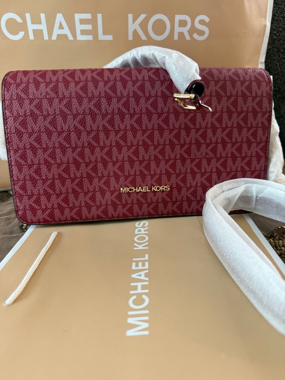 Michael Kors Burgundy Logo-Print Crossbody with Gold Hardware
